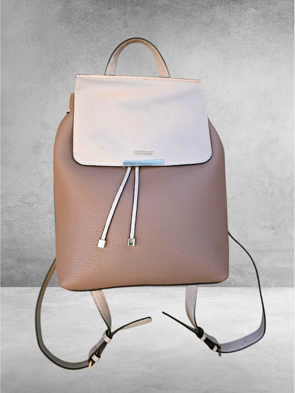 GUESS Two-Tone Dusty Pink and White Faux Leather Backpack Drawstring Closure